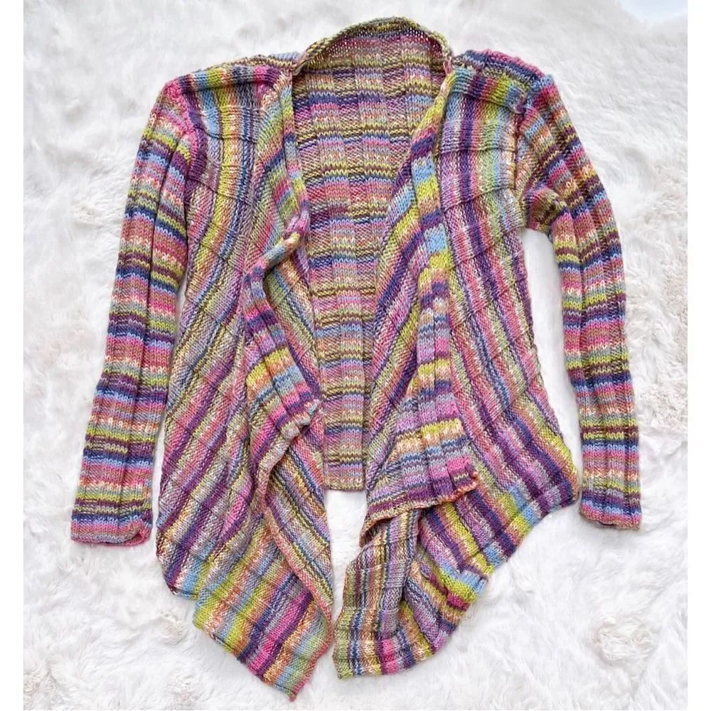 Vintage Y2K Hand Knit Cardigan Open Front Sweater Multi Color Rainbow size S